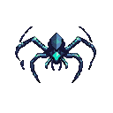 A glitchy spider icon with a crystalline body in deep blues and purples, a glowing cyan gem at its core, and spindly legs with cyan highlights.