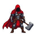 Pixel Art: warrior in red hood and cape, no face only black shadow, huge hammer as a weapon (generated with AI and edited by sandacz).