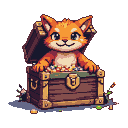 Anthropomorphic fox peeking from a treasure chest filled with gems and coins.