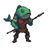 Pixel Art: hero with fish head and harpoon weapon