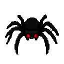 A black spider with glowing red eyes and splayed legs, rendered in a pixelated style.