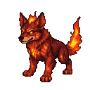 A monstrous dog with a body of smoldering red and orange flames, its mane, ears, and bushy tail alight with infernal glow. Its eyes burn molten yellow, and its bared teeth suggest primal danger.