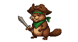 Pirate beaver with a tricorn hat and green bandana, holding a wooden sword.