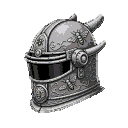 Ornate fantasy/steampunk helmet with curved horns, a dark reflective visor, and detailed engravings featuring bee motifs.