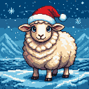 Fluffy sheep wearing a Santa hat on a snowy landscape with mountains and a starry sky.