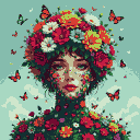 Pixel Art: Portrait of a person made entirely of flowers and butterflies (generated with AI by Den).
