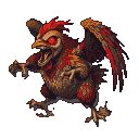 A monstrous chicken with glowing red eyes, beak open, and talons extended, lunging forward with wings spread wide.