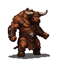 A minotaur with a bovine head, sharp horns, and muscular, fur-covered body stands imposingly in rugged leather armor and a chain necklace.