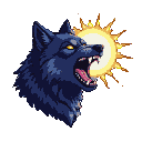 A dark blue wolf with bared fangs and piercing yellow eyes, howling with immense power. A radiant, stylized golden sun emanates from its open mouth.