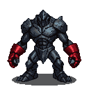 Obsidian golem with crimson gauntlets, standing powerfully.