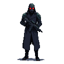 A figure in a dark trench coat and gas mask with glowing red eyes, holding a rifle.