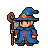 Small wizard in a blue robe with a pointed hat, holding a wooden staff.