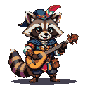 Anthropomorphic raccoon bard in colorful medieval attire, holding a lute, ready to perform.