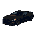 A black Mustang in a low-angle, three-quarter view, with chunky pixelated details and glowing headlights and taillights against a black background.