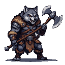 Anthropomorphic wolf barbarian with bared fangs, wearing fur and leather armor, holding a large battle-worn axe.