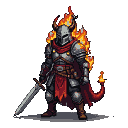Knight in dark, detailed armor with a tattered crimson cape and sash, wielding a broadsword. A fiery aura surrounds his head and shoulders.