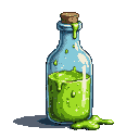 Glass bottle with cork stopper filled with thick, vibrant green, bubbly slime that oozes over the lip and pools on the surface below.