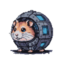 A round, orange and brown hamster with blue eyes peeks from a spherical, blue-glowing, segmented metallic mech suit.