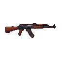 Pixel art AK-47 assault rifle with brown wooden furniture and dark gray metal components, loaded magazine.