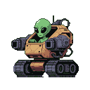 Green alien with large dark eyes in the cockpit of a tan mech with grey cannons and a tracked base.