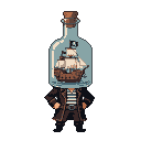 Pixel Art: hero with bottle head. Pirate ship inside bottle