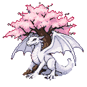 A white dragon with grey and white scales rests under a sakura tree with pink blossoms.