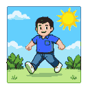 Young man with dark hair in a blue polo shirt and jeans walks across a green field under a blue sky with clouds and a bright sun.