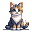 A calico cat with blue eyes sits with paws tucked and tail curled.