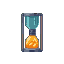 Stylized hourglass resembling a nuclear reactor, with orange substance in the lower chamber and teal liquid in the upper.
