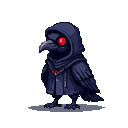 Plague doctor with raven mask, red eyes, and blue cloak standing on shadowy ground.