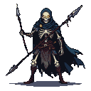 Skeletal warrior in tattered blue cloak and leather armor, holding two spears, with glowing yellow eye sockets.