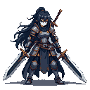 Female warrior in dark grey and gold-trimmed plate armor, holding two large swords at her sides, with long dark blue hair in a ponytail.