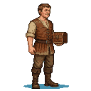 Middle-aged merchant with a subtle smile, wearing a tunic and leather vest, holding an ornate wooden chest.