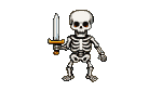 A skeletal warrior with glowing red eye sockets holds a gleaming sword in its right hand.