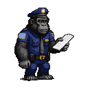 Gorilla police officer in a blue uniform and cap holds a ticket.