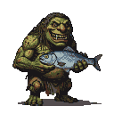 A green-skinned troll with a toothy grin holds up a shimmering blue and gray fish.