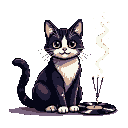 A black and white tuxedo cat with wide, alert eyes sits next to a smoldering sparkler emitting smoke.