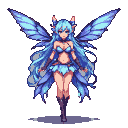 Anime-style pixie with flowing azure hair and iridescent blue wings, wearing a blue bikini-like outfit and dark knee-high boots.