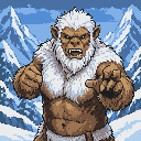 A furious Yeti lunges forward with outstretched arms against a backdrop of jagged, snow-capped mountains.