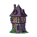 A solitary, dilapidated multi-story stone building with a steep, tiled roof, covered in moss and vines, with warm yellow light visible in its windows, set against a black background.