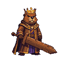 Regal beaver king wearing a golden crown and royal robes, holding a large wooden sword.