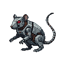 A menacing cybernetic rat with segmented metallic body, glowing red eyes, and a mechanical tail.