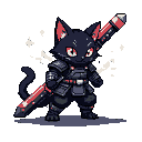 Black cat warrior with bright red eyes, holding a large, stylized sword across its back.