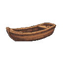 A solitary wooden rowboat, its weathered brown planks visible, rests on a transparent background.