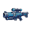 Futuristic bazooka with glowing cyan lines and a prominent scope, rendered in cool blues and grays against a black background.