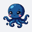 Pixel Art: A cute, small dark blue octopus swimming, moving its tentacl...