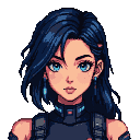 Young woman with deep blue hair and azure eyes, wearing a dark, high-collared cybernetic outfit, gazes defiantly.