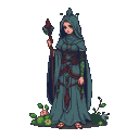 Herbalist Priestess in a teal hooded robe with vine patterns and a crimson sash, holding a staff topped with a dark rose and foliage. Her bare feet are among green sprouts and pink flowers.