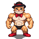 Muscular cat wearing a brown hat with a red feather, a red bow tie, and red boots.