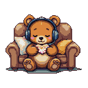 Pixel Art: 一只半躺在沙发上，戴着头戴耳机，抱着零食，打瞌睡的棕色小熊。手上还有一支要化掉的冰淇淋。
